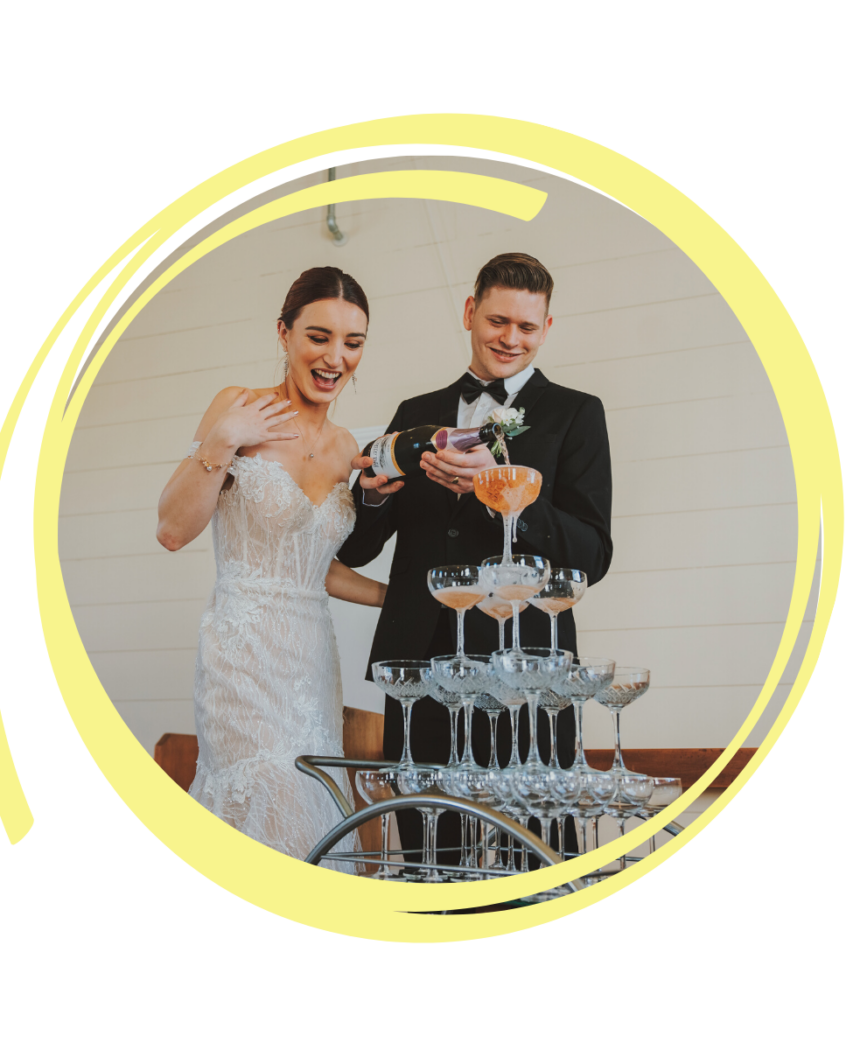 bride and groom with champagne fountain, celebrant auckland, champagne tower